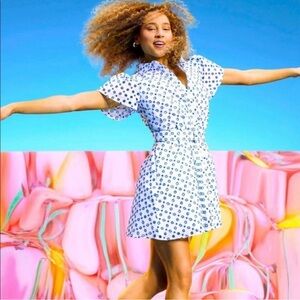 ALEXIS x TARGET Blue White Dot Tulip Sleeve Embroidered Shirtdress Size Small